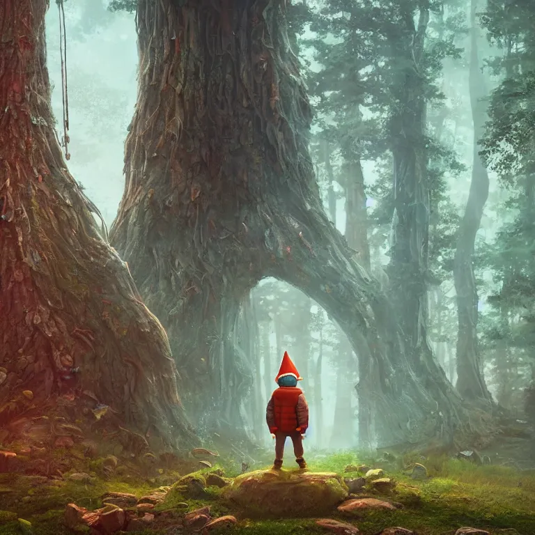 Image similar to a forest gnome standing in front of a portal. Detailed digital matte painting in the style of simon stalenhag