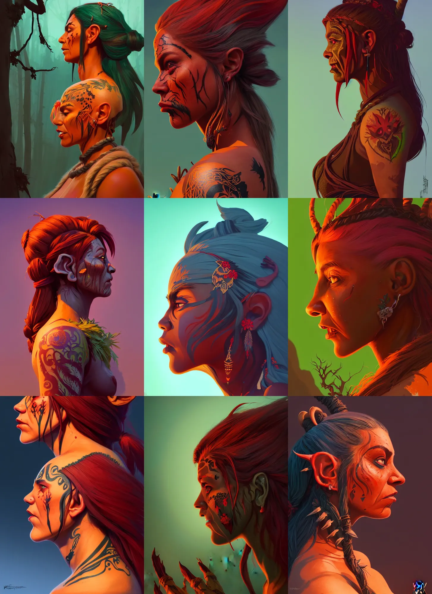 Prompt: side profile centered painted portrait, female orc forest druid, red skin, native tattoos, d & d, gloomhaven, matte painting concept art, art nouveau, beautifully backlit, swirly vibrant color lines, fantastically gaudy, aesthetic octane render, 8 k hd resolution, by ilya kuvshinov and cushart krentz and gilleard james