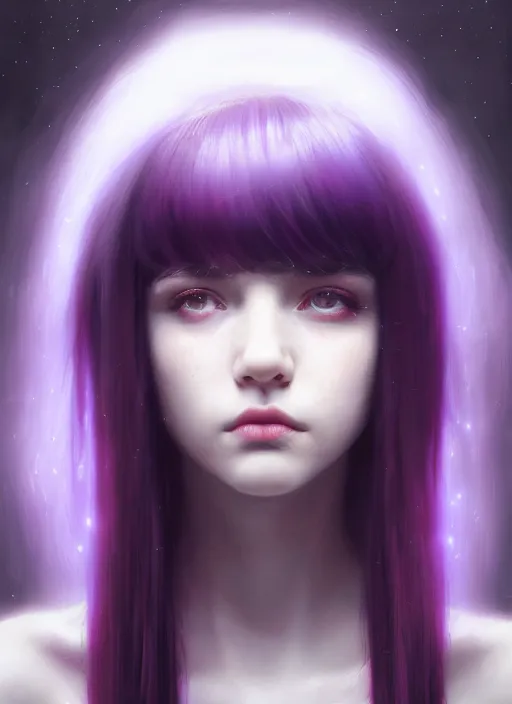 Image similar to portrait of teenage girl, red irises, bangs, black and white hair, white bangs, purple clothes, white bangs, two color hair, black hair and white bangs, intricate, elegant, glowing lights, highly detailed, digital painting, artstation, concept art, smooth, sharp focus, illustration, art by wlop, mars ravelo and greg rutkowski