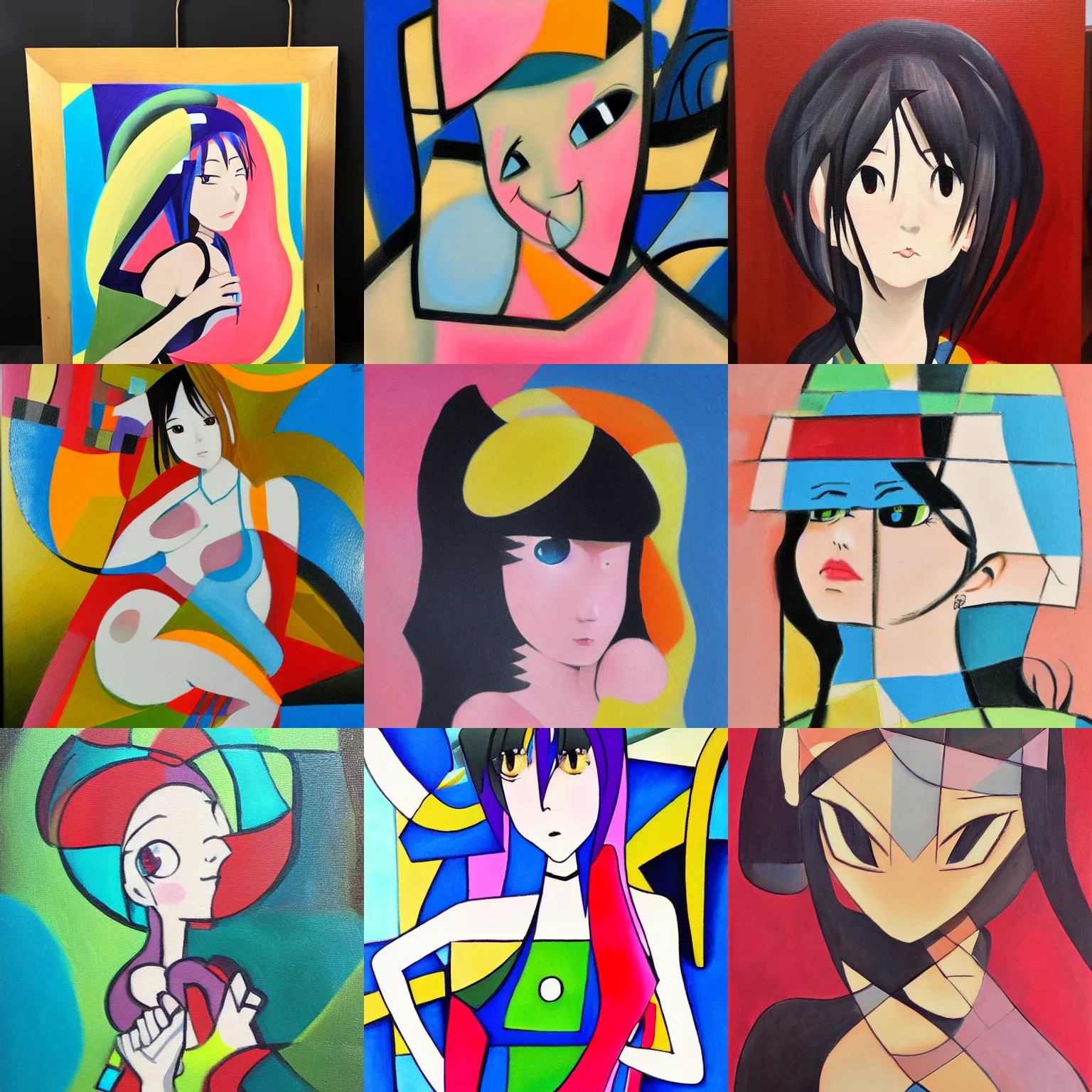 Prompt: thick oil painting of abstract Japanese cute anime girl in the style of cubism