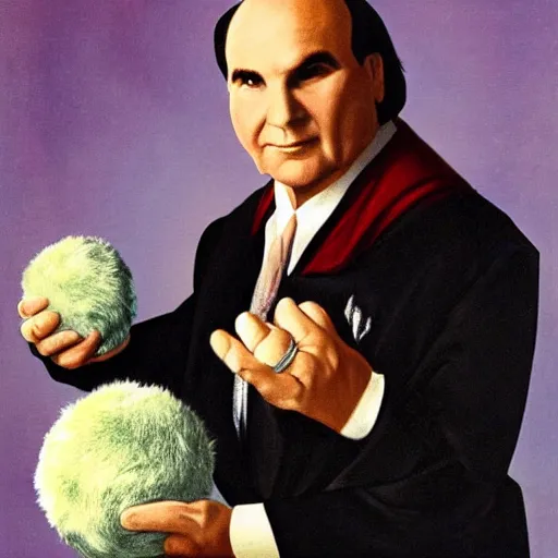 Prompt: Art deco portrait of Doctor Phlox affectionately holding a tribble in his hand