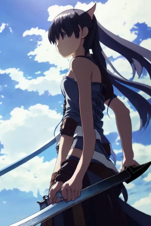 Image similar to a film still portrait of the catgirl with a giant sword of the black swordsman, finely detailed features, closeup at the faces, perfect art, gapmoe yandere grimdark, trending on pixiv fanbox, painted by greg rutkowski makoto shinkai takashi takeuchi studio ghibli, akihiko yoshida