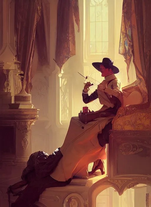 Prompt: english aristocrat talking to a painter, digital painting, artstation, concept art, smooth, sharp focus, illustration, art by artgerm and greg rutkowski and alphonse mucha