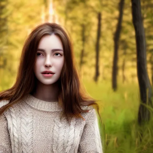 Image similar to real life photo of a beautiful girl, full body photoshoot, long brown hair, brown eyes, full round face, short smile, wool sweater belly free, forest setting, cinematic lightning, medium shot, mid - shot, highly detailed, trending on artstation, unreal engine 4 k, 8 0 mm, 8 5 mm, cinematic wallpaper