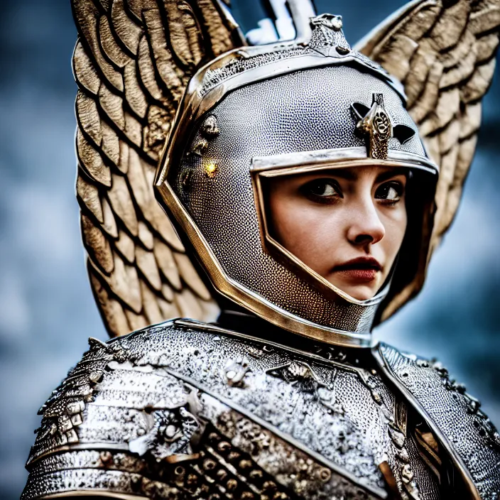 Image similar to photo of an angel warrior queen wearing diamond encrusted armour, highly detailed, 4 k, hdr, smooth, sharp focus, high resolution, award - winning photo