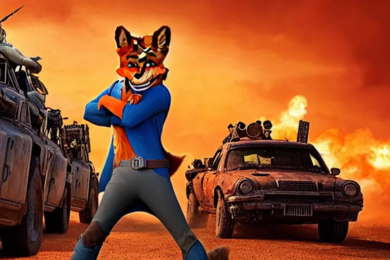 Image similar to nick wilde, heavily armed and armored facing down armageddon in a dark and gritty reboot from the makers of mad max : fury road