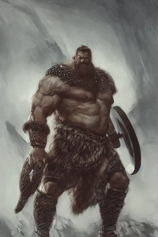 Prompt: giant bodybuilding viking warrior king by ruan jia, jack kirby, norman rockwell, wayne barlow, sergey krasovskiy, zdzislaw beksinski, artstation creature