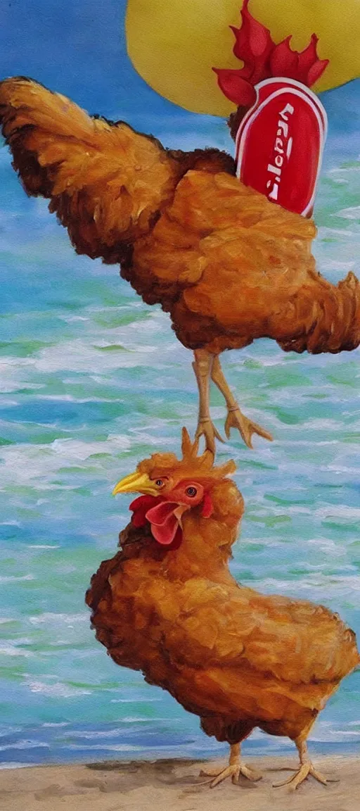 Image similar to beautiful painting of a giant chicken with lips that is eating KFC on the beach