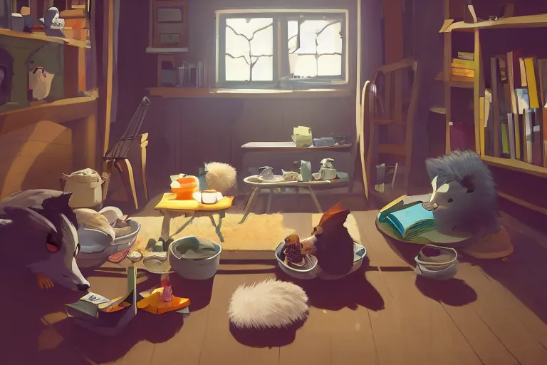 Prompt: color key, Daisuke Tsutsumi, Robert Kondo, cute fluffy badgers washing dishes, underground in a hovel, fish eye lens,kitchen table, comfy chairs, cosy fireplace, clutter everywhere, stack of books on side table, rug on floor by fireplace, family framed on the wall, cosy