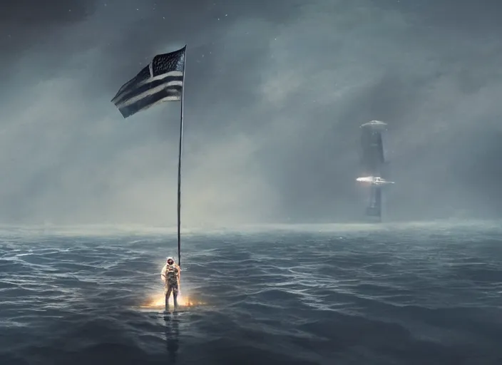 Image similar to astronaut holding a flag in an underwater desert. a submarine is visible in the distance. dark, concept art, cinematic, dramatic, atmospheric, 8 k, trending on artstation, blue, fish, low visibility, fog, ocean floor, christopher nolan, interstellar