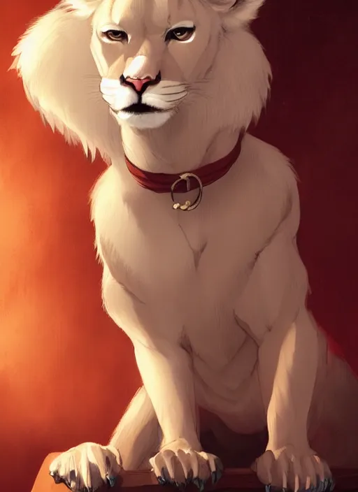 Image similar to beautiful portrait commission of a male furry anthro albino mountain lion with dark red eyes wearing a dress shirt in an old-timey Saloon. Atmospheric. Character design by charlie bowater, ross tran, artgerm, and makoto shinkai, detailed, inked, western comic book art