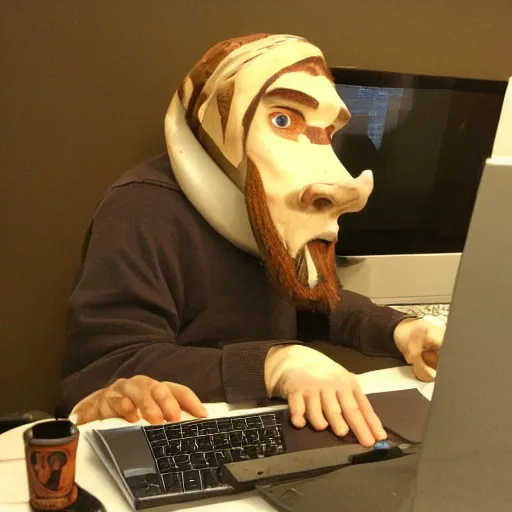 Image similar to lord leonidas, sitting on his computer.