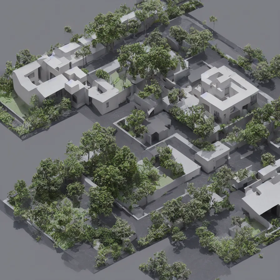 Prompt: architectural model, isometric view, 3 d render, studio lighting, low contrast, dark background, highly detailed, single building, single plot, house, circular courtyard, tree