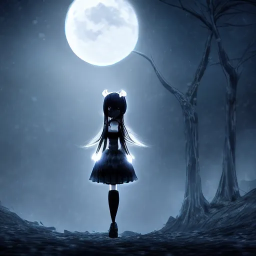 gloomy eerie retro anime girl in a blue landscape at | Stable Diffusion