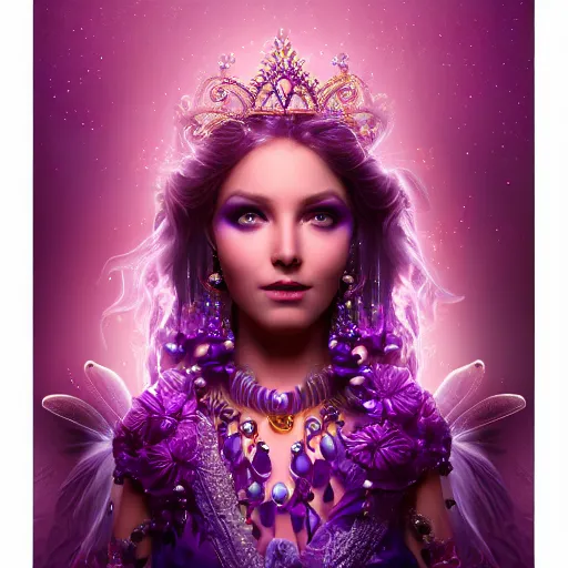 Image similar to portrait princess of amethyst, glowing, ornate and intricate purple jewelry, jaw dropping beauty, glowing background lighting, purple accent lighting, hyper detailed, fairy tale, 4 k octane render