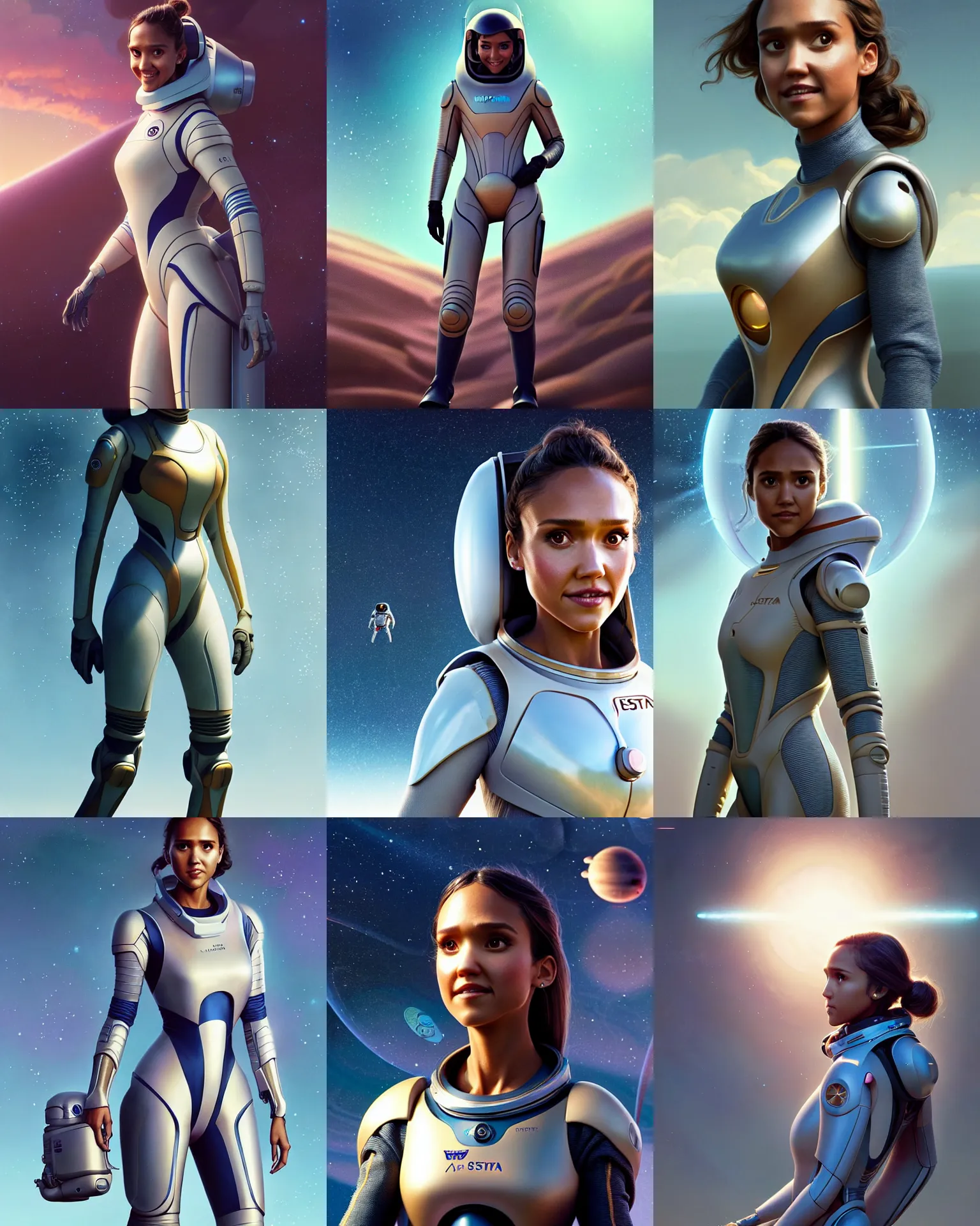 Prompt: weta disney pixar movie still portrait photo of jessica alba wearing clean electric sci - fi spacesuit : : by weta, greg rutkowski, wlop, ilya kuvshinov, rossdraws, artgerm, annie leibovitz, alphonse mucha, ue 5, trending on artstation, octane, volumetric lighting : :