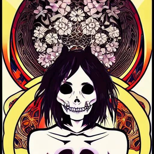 Image similar to anime manga skull portrait young woman hair murakami joker comic skeleton illustration style by Alphonse Mucha pop art nouveau