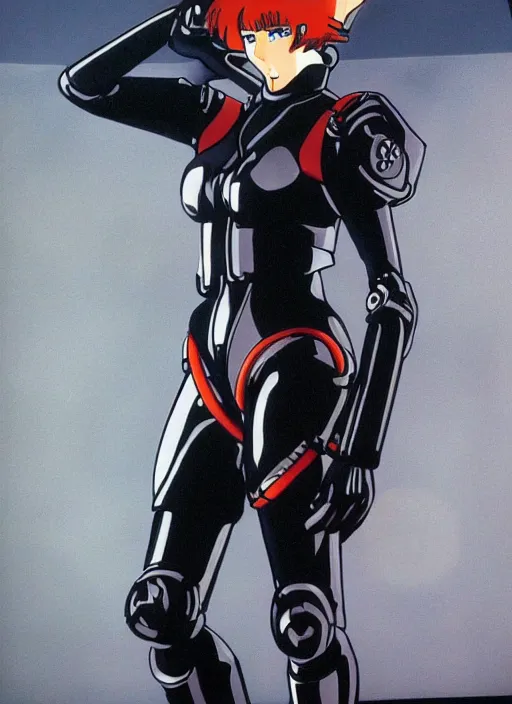 Image similar to Portrait of a female mech pilot in a latex bodysuit, 90s anime, cel-shaded, highly detailed, desaturated, gothic, oppressively atmosphere, poster