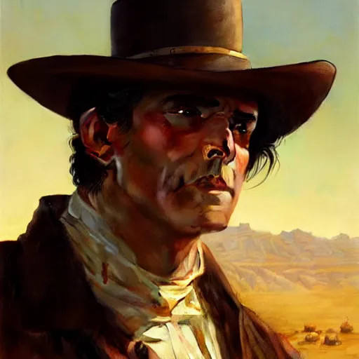 Image similar to clean shaven, tan, middle - aged christian priest with dark hair in wild west, portrait, highly detailed, digital painting, artstation, oppressive lighting, concept art, sharp focus, illustration, art by greg rutkowski and alphonse mucha