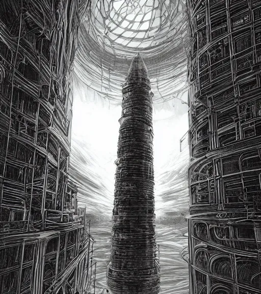 Prompt: tarkovsky, majestic ancient tower of babylon below a woman in transparent cyber clothing, hyperrealistic, blame manga, full color, manga style, by tsutomu nihei, cyber architecture, intricate, illustration, concept art, hyper - detailed, smooth, masterpiece, epic, cinematic, high quality