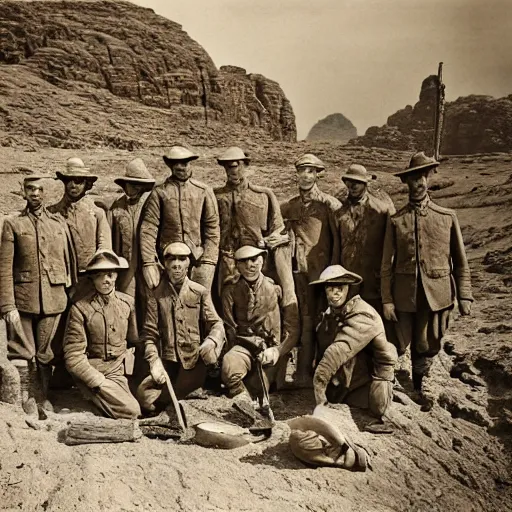 Image similar to ultra detailed photorealistic sepia - toned photo from 1 9 1 7, a small group of british soldiers standing at an archaeological dig site in wadi rum, ultra realistic, painted, intricate details, lovecraft, atmospheric, dark, horror, brooding, highly detailed, by clyde caldwell