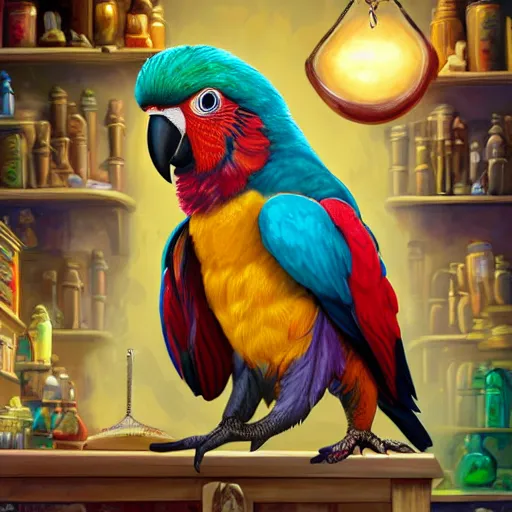 Prompt: Anthropomorphic parrot trader in his shop, shelves full, selling a gem, portrait, items, magic potions, carpet, window, fancy funny hat, sly expression , cunning expression, cute expression, presenting magic gem, D&D, fantasy, cinematic lighting, highly detailed, digital painting, artstation, concept art, smooth, sharp focus, illustration, warm light, cozy warm tint, magic the gathering artwork, volumetric lighting, 8k, no gold, no gold colours, art by Akihiko Yoshida, Greg Rutkowski