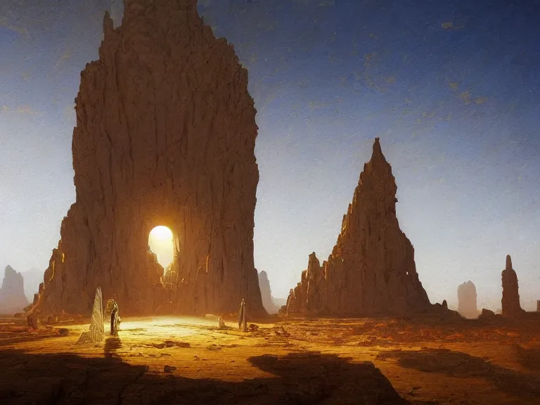 Prompt: an oil painting of a fractal monilith in the center of an alien desert with bright sunlight by carl spitzweg and tuomas korpi. baroque elements, full-length view. baroque element. intricate artwork by caravaggio. Trending on artstation. 8k