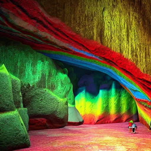 Image similar to rainbow colored caves lead to a rainforest, highly detailed digital art, artstation, cfg = 3