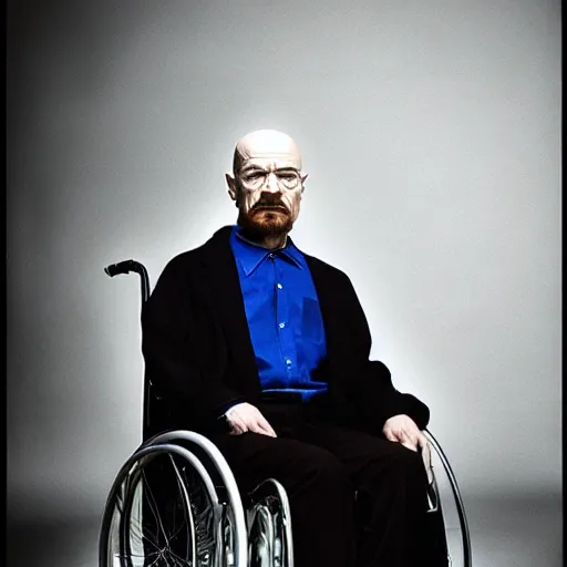 Prompt: walter white with no beard, wearing an oxygen mask, sitting in a wheelchair in a courtroom. photography by annie liebowitz