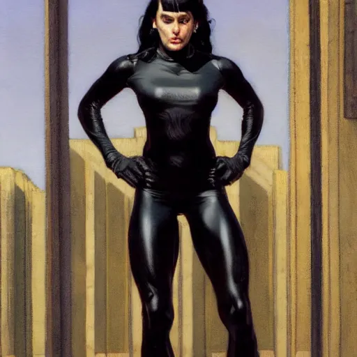 Image similar to athletic woman with black hair, dressed all in black, by donato giancola, alex ross, and berthold woltze.