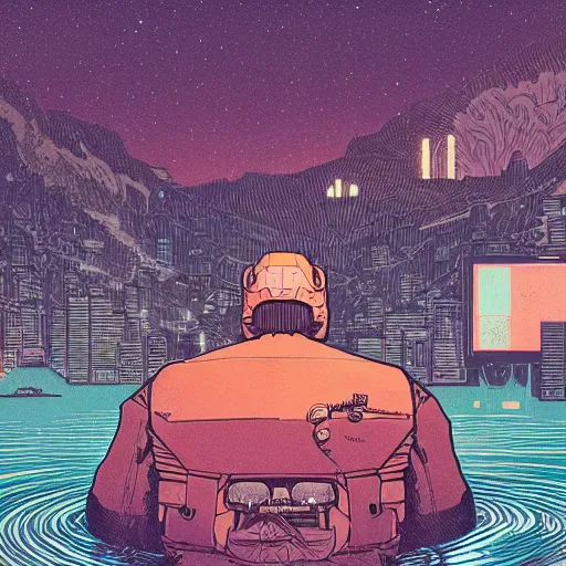 Image similar to Stunningly intricate illustration of a cyberpunk explorer overlooking a moving mountain by a lake, highly detailed, midnight, by Victo Ngai and James Gilleard , Moebius, Laurie Greasley