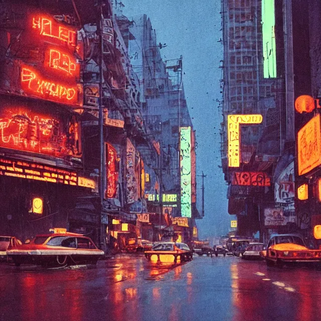 Prompt: kodachrome photograph, saturated photo, 1 9 6 7 cyberpunk city during a melancholy rainy night