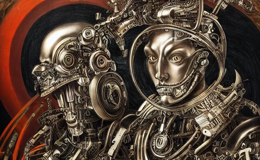 Prompt: mechanical cyborg king, piercing glowing eyes, intricate, highly detailed, incredible lighting, mural in the style of sandro botticelli, caravaggio, albrecth durer