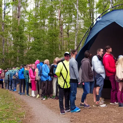 Prompt: people waiting in line before a toilet on a camping