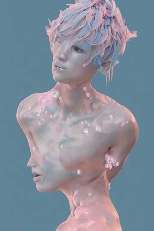 Prompt: an epic non - binary model, subject made of white mesh rope, with cerulean oozing bubbles bursting out, delicate, beautiful, intricate, with pastel pink highlights, melting, houdini sidefx, by jeremy mann and ilya kuvshinov, jamie hewlett and ayami kojima, trending on artstation, bold 3 d