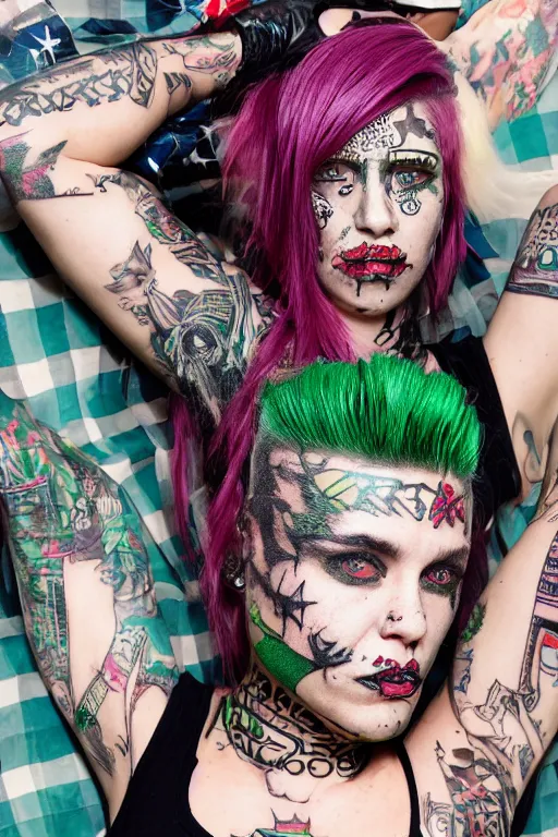 Image similar to upper body portrait hannah as a punk woman with green mohawk, covered in neotraditional style tattoos, wearing a bold tee shirt, flannel jacket, fishnets and a long tartan skirt, intimidating, max details, hyperrealistic, photorealistic, ultra - realistic, ultra - detailed, cinematic, 8 k resolution by alan lee