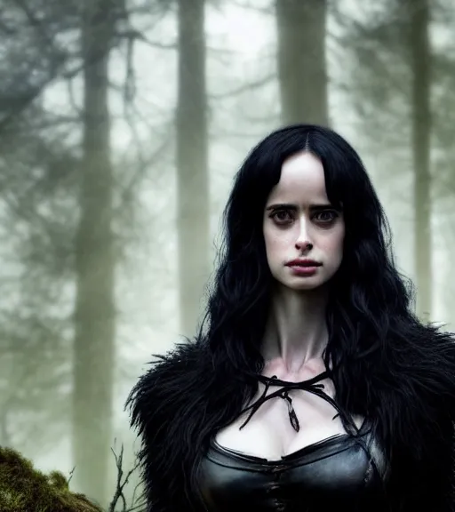 Prompt: 5 5 mm close up portrait photo of krysten ritter as yennefer of vengerberg in black leather armor and long black fluff hair, in a forest. magical atmosphere. art by greg rutkowski. lifelike. very detailed 8 k. intricate. soft light. nikon d 8 5 0.