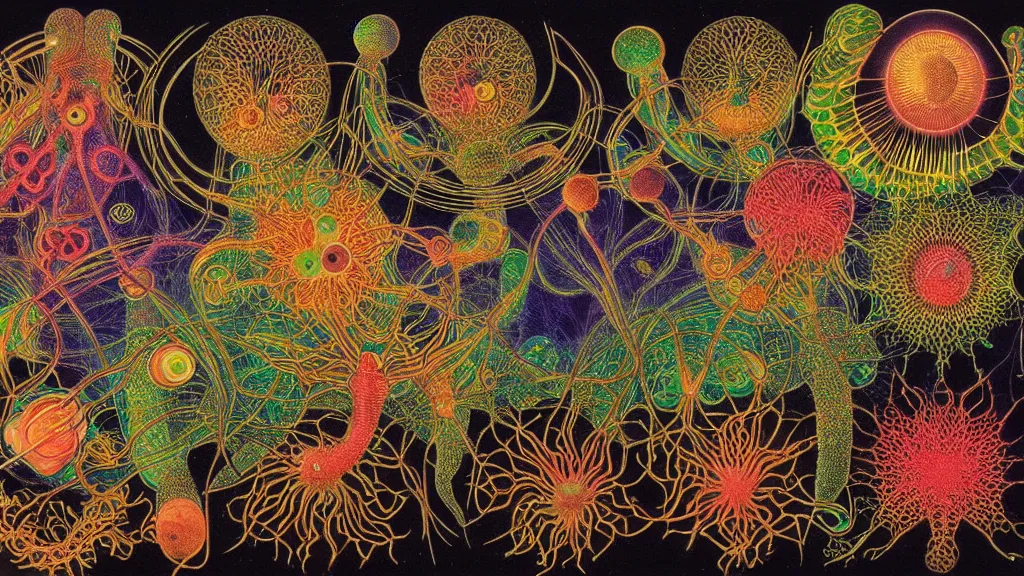 Image similar to quantum connections represented as symbiotic organisms like cells playing around with colorful lights by ernst haeckel, very very very good