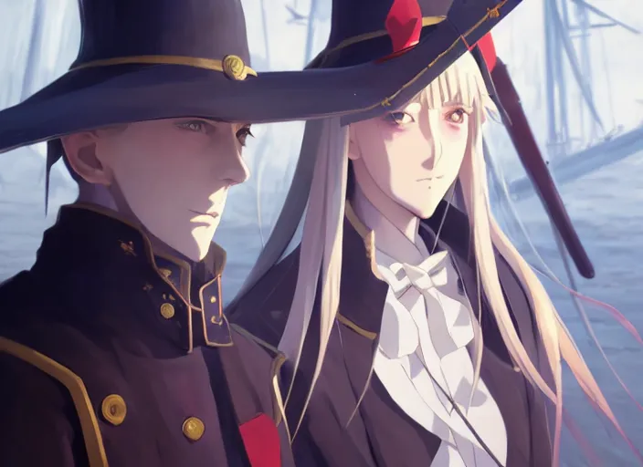 Image similar to portrait of lady maria, helm of second world war warship in background, illustration concept art anime key visual trending pixiv fanbox by wlop and greg rutkowski and makoto shinkai and studio ghibli and kyoto animation, symmetrical facial features, red eyes, astral witch clothes, modern warfare, realistic anatomy, gapmoe yandere grimdark, volumetric lighting, backlit