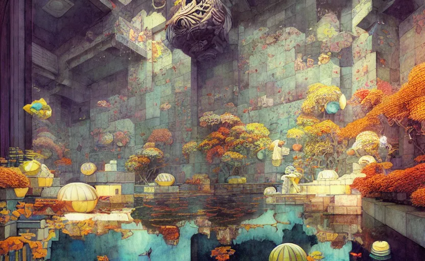 Image similar to tiled room squared waterway, fantasy. intricate, amazing composition, colorful watercolor, by ruan jia, by maxfield parrish, by marc simonetti, by hikari shimoda, by robert hubert, by zhang kechun, illustration, gloomy