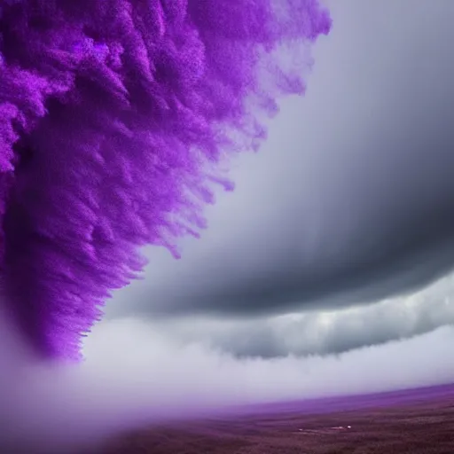 Prompt: Amazing Purple tornado wreaking havoc in a beautiful landscape