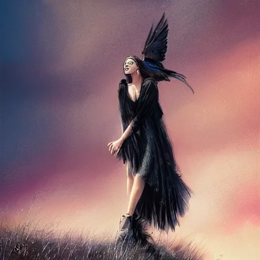 Image similar to morning, raven perching on the shoulder of a woman in a black dress. sun, cinematic, clouds, vogue cover style, contracting colors mood, realistic painting, intricate oil painting, high detail, figurative art, multiple exposure, poster art, 3 d, by simon bisley, ismail inceoglu, wadim kashin, filip hodas.