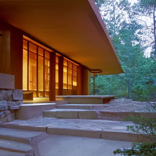 Image similar to house designed by frank lloyd wright, forest