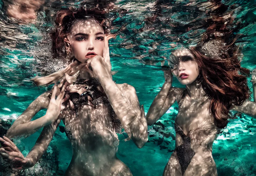 Image similar to fashion editorial underwater. wide angle shot. highly detailed. depth of field. high definition. 8k. photography.