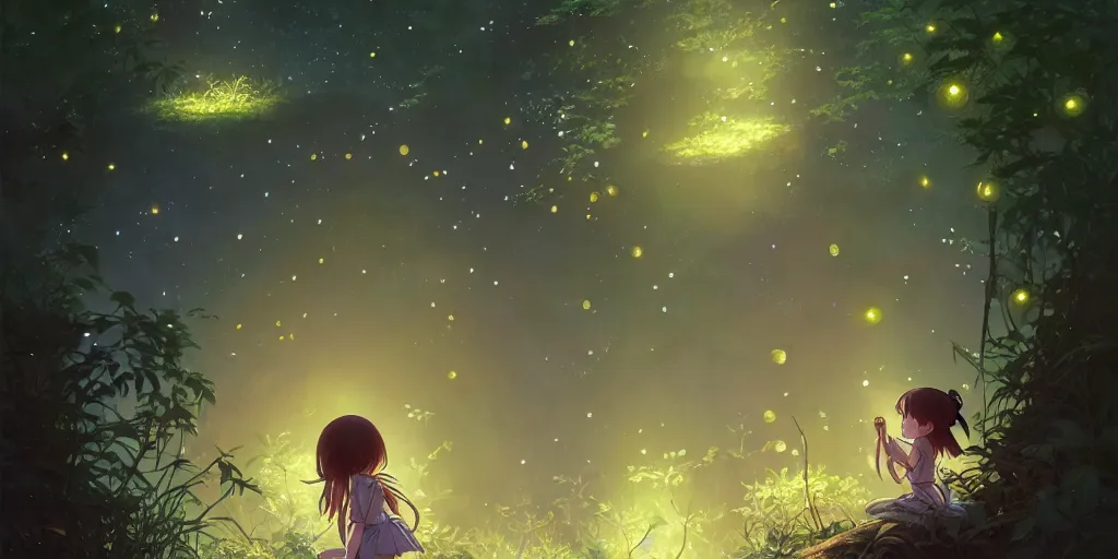 Image similar to small girl and the fireflies, by the pond in a forest, night sky. anime, fantasy, smooth. digital painting, by hayao miyazaki and rossdraws and artgerm and detmold and greg rutkowski and alphonse mucha. artstation. beautiful, high quality, stunning, intricate detailed environment. 8 k