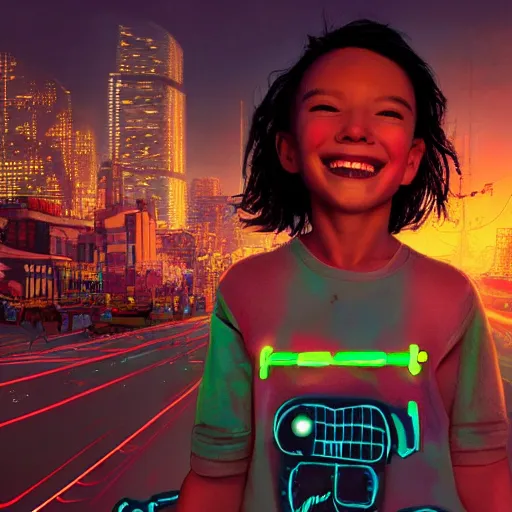 Prompt: a happy cyborg child smiling at the camera, neon city in the background, highly detailed realistic digital art,