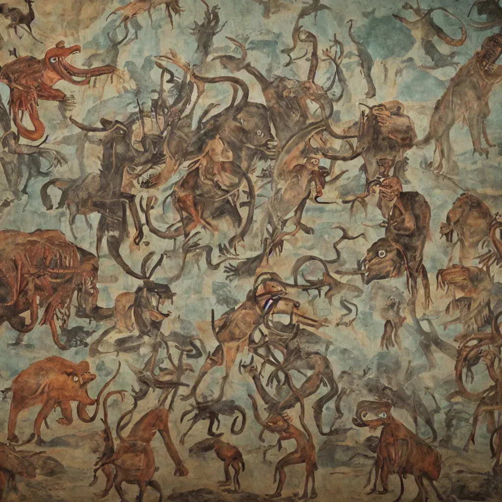 Prompt: prehistorical fresco of muppets hunting mammoth near vw bus, cave wall, spotlight, hard light, finger painting