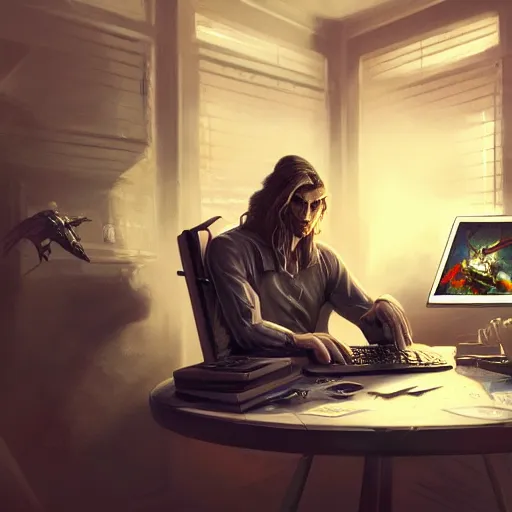 Prompt: realistic rich man using laptop in gaming room, money on floor, artstation trends, sci fi concept art, highly detailed, intricate, sharp focus, digital art, 8 k