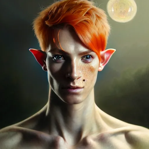 Prompt: portrait painting of an elven young man with short light orange hair and freckles and tree tattoos on his cheekbones light armor, ultra realistic, concept art, intricate details, eerie, highly detailed, photorealistic, octane render, 8 k, unreal engine. art by artgerm and greg rutkowski and charlie bowater and magali villeneuve and alphonse mucha