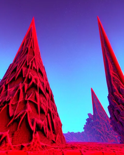 Prompt: futuristic sci fi exterior crystal jagged textured obelisk structures made out of red mandelbulb glowing crystal energy on the nuclear reactor unreal engine volumetric lighting subsurface scattering